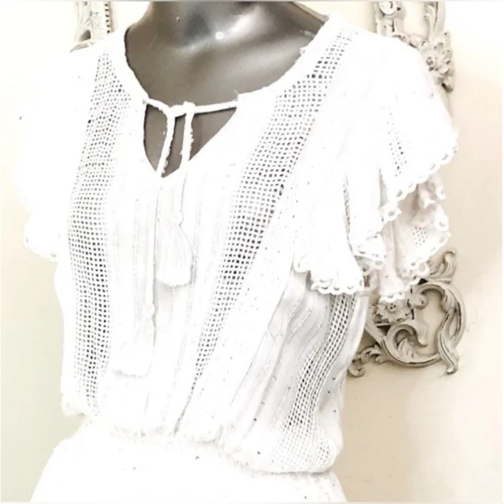 Surf Gypsy 💫 Ivory White Sequin Smocked Boho Coverup Mini Dress + Ruffles Sz Med - Picture 6 of 9